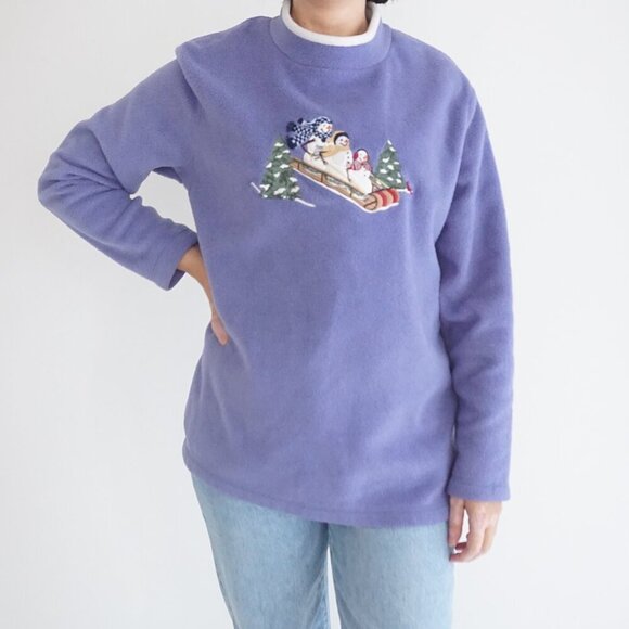 Vintage Croft & Barrow Lavender Embroidered Snowman Fleece Crewneck Sweater L - Picture 1 of 11